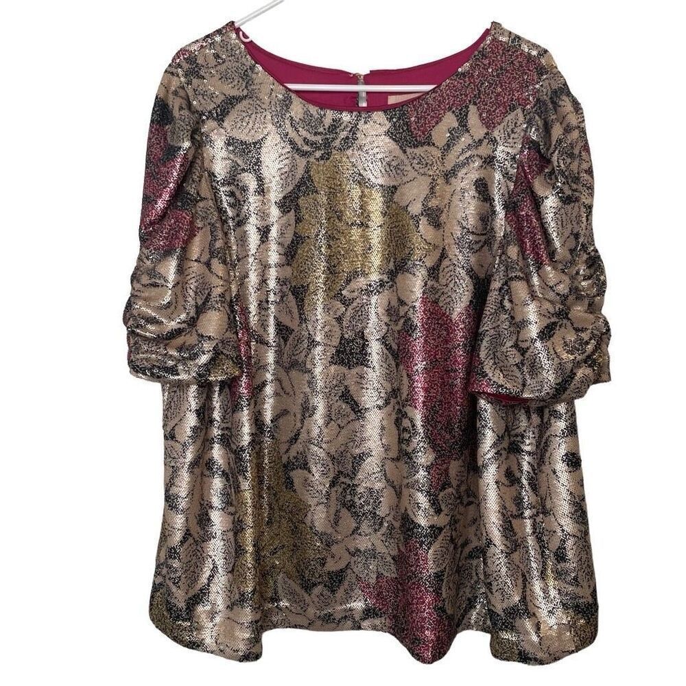 Anthropologie Metallic Floral Blouse - Gold, Silver, Pink